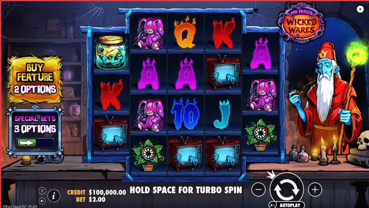 Tampilan layar permainan slot Mr Null’s Wicked Wares di perangkat seluler