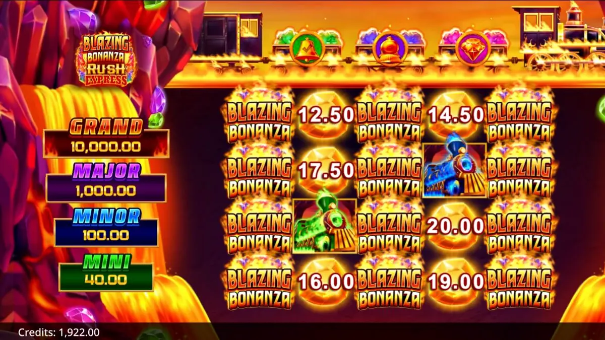 Tampilan visual mesin slot Blazing Bonanza Rush Express dengan tema tambang emas