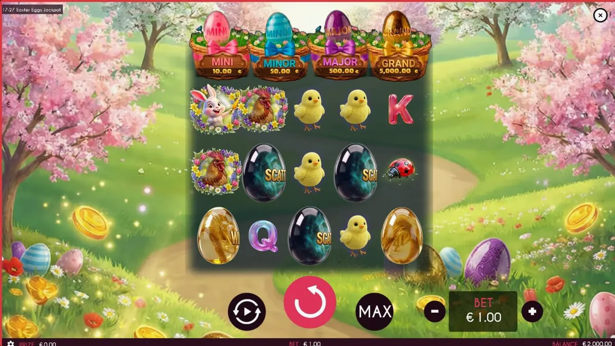 Tampilan visual slot Easter Eggs Jackpot dengan tema musim semi yang penuh warna.